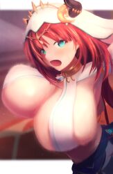  1girl absurdres blue_eyes blurry blurry_background bouncing_breasts breasts female_focus genshin_impact headgear highres horns huge_breasts ituki_gi looking_at_viewer motion_blur nilou_(genshin_impact) open_mouth red_eyes solo  rating:Questionable score:10 user:Orphan_crippler