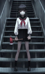  1girl absurdres axe black_eyes black_footwear black_hair black_skirt black_socks blouse commentary_request covered_face full_body high-waist_skirt highres holding holding_weapon loafers long_sleeves looking_at_viewer mask miniskirt mouth_mask neckerchief original pleated_skirt red_neckerchief sailor_collar school_uniform serafuku shirt shoes short_hair skirt socks solo stairs standing surgical_mask weapon white_shirt yoon_cook  rating:Sensitive score:11 user:danbooru