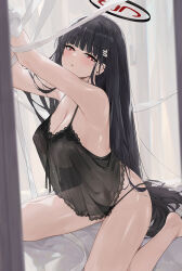 1girl :o armpits black_chemise black_hair black_panties blue_archive blush breasts cleavage commentary_request covered_erect_nipples dema_hmw halo highres indoors kneeling large_breasts long_hair panties red_eyes rio_(blue_archive) see-through_chemise sideways_glance solo straight_hair underwear underwear_only very_long_hair