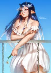  1girl aleriia_v bare_shoulders black_nails blue_background blue_eyes blue_hair breasts cleavage dress eyeliner fingernails flower gradient_background gradient_hair hair_between_eyes highres holding holding_flower horns jewelry kiseira_icolde_(end_agony) lips long_hair looking_to_the_side medium_breasts mole mole_on_breast multicolored_hair nail_polish necklace original parted_lips pointy_ears railing red_eyeliner sharp_fingernails solo sundress white_hair  rating:Sensitive score:55 user:danbooru