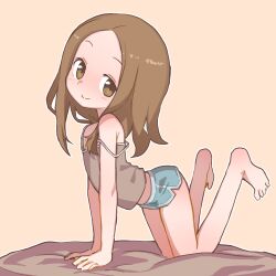  1girl absurdres all_fours bare_arms bare_legs bare_shoulders barefoot bed_sheet blue_shorts brown_camisole brown_eyes brown_hair camisole closed_mouth dolphin_shorts flat_chest forehead from_side full_body highres karakai_jouzu_no_takagi-san looking_at_viewer looking_to_the_side medium_hair midriff_peek orenji_(wholesomeorenji) short_shorts shorts simple_background smile solo spaghetti_strap strap_slip takagi-san tareme  rating:Sensitive score:124 user:danbooru