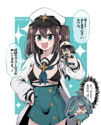 2girls @_@ ahoge akoya_matama an_sin anemo_nemo aqua_coat aqua_hair bikini bikini_top_only black_bikini black_sailor_collar blue_neckerchief breasts brooch brown_hair cabbie_hat character_doll coat commentary_request cowboy_shot doll dress fang frown green_eyes green_hair green_skirt half-dress hand_on_own_hip hat hat_ornament high-waist_skirt highres holding holding_doll hood hood_up hooded_coat jewelry korean_commentary large_breasts leberblume loco_musica long_hair long_sleeves looking_at_another looking_at_viewer magical_girl mahou_shoujo_ni_akogarete microskirt multicolored_hair multiple_girls neck_tattoo neckerchief open_mouth pencil_skirt purple_eyes sailor_collar sharp_teeth short_hair skirt smile standing star_(symbol) star_brooch star_hat_ornament streaked_hair swimsuit tattoo teeth translated twintails twitter_username white_dress white_hat 