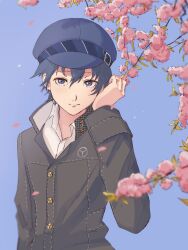  1girl blue_background blue_eyes blue_hair cabbie_hat cherry_blossoms crossdressing detective flower hat highres houndstooth jolly_roger persona persona_4 reverse_trap shirogane_naoto short_hair simple_background solo tomboy usa_(kawaii_152cm)  rating:General score:3 user:danbooru