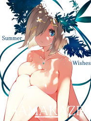  10s 1girl arm_support asymmetrical_bangs blue_eyes breast_press breasts character_name collarbone hair_over_one_eye hamakaze_(kancolle) hat highres kantai_collection large_breasts lips looking_at_viewer nude parted_lips sakura_rock short_hair silver_hair sitting solo sun_hat thighs  rating:Questionable score:31 user:danbooru