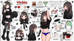  1girl :o :t absurdres ahoge arm_up arm_warmers artist_name asymmetrical_legwear bandaid bandaid_on_arm bandaid_on_hand bandaid_on_leg bandaid_on_stomach bandaid_on_thigh belt belt_buckle black_belt black_choker black_footwear black_garter_straps black_hoodie black_nails black_shirt black_skirt blue_panties boots breasts brown_hair buckle bug cd character_name character_sheet chibi choker cleavage close-up closed_mouth clothes_writing collarbone commentary cowboy_shot cropped_shirt cross-laced_footwear deformed doll ear_piercing earrings eating electric_plug electric_plug_tail english_commentary english_text eyeliner facing_to_the_side food_bite from_behind full_body garter_straps gluteal_fold goth_fashion groin hand_up head_tilt heart heart_choker highres holding holding_doll hood hoodie hoop_earrings horizontal-striped_thighhighs insect jewelry knee_boots lace-up_boots long_hair looking_at_viewer looking_back looking_to_the_side luna_moth makeup medium_breasts mismatched_legwear mole mole_under_eye mole_under_mouth moth moth_on_head multiple_views navel one_eye_closed original panties parted_lips piercing pleated_skirt red_eyes ringed_eyes shirt single_arm_warmer single_bare_shoulder skirt spiked_choker spikes standing star_(symbol) sticker stomach striped_arm_warmers tail_raised thighs underwear uneven_legwear vickie_(cryingrobot) vickie_(cryingrobot)_(character) white_background 