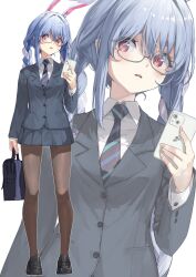  1girl akasaai alternate_costume animal_ear_fluff animal_ears bag black_footwear black_necktie black_pantyhose blazer blue_hair braid breasts briefcase cellphone collared_shirt commentary d: english_commentary extra_ears full_body glasses grey_jacket grey_skirt highres hikimayu holding holding_briefcase holding_phone hololive jacket lapels loafers long_hair long_sleeves looking_at_viewer miniskirt multicolored_hair necktie notched_lapels open_mouth pantyhose phone pleated_skirt rabbit-shaped_pupils rabbit_ears rabbit_tail red_eyes school_bag school_uniform semi-rimless_eyewear shirt shoes short_eyebrows sidelocks skirt small_breasts smartphone solo standing symbol-shaped_pupils tail teeth thick_eyebrows twin_braids twintails two-tone_hair upper_teeth_only usada_pekora virtual_youtuber white_background white_hair white_shirt 