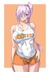  1girl breasts character_request covered_navel employee_uniform green_eyes highres hooters large_breasts long_hair navel one_eye_covered ozaneko shirt shorts silver_hair solo tank_top  rating:Questionable score:19 user:Demiourgos