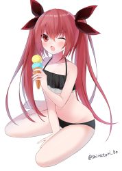 1girl ;o arm_support between_legs bikini bikini_top_only black_bikini blush breasts cleavage collarbone commentary_request date_a_live eating food frilled_bikini frilled_bikini_top frills full_body hair_ribbon hand_between_legs highres holding holding_food ice_cream itsuka_kotori looking_at_viewer navel one_eye_closed red_eyes red_hair ribbon seiza shiratoriko simple_background sitting small_breasts solo swimsuit thighs twintails white_background rating:Sensitive score:21 user:danbooru