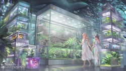 2girls alphonse_(white_datura) barefoot black_hair blonde_hair curly_hair dated dress english_text fish fish_tank fossil hairband holding_hands hand_over_face highres indoors long_hair looking_down multiple_girls original plant scenery signature surreal walking whale white_dress yellow_eyes rating:General score:63 user:danbooru