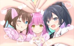  3girls :d ;q absurdres black_bow black_hair black_jacket blunt_bangs blunt_ends blurry blurry_foreground blush bow brown_hair cherry_bomb_(love_live!) closed_mouth commentary_request dress grey_eyes hair_between_eyes hair_bow heart heart_frame heart_hands heart_hands_duo high_ponytail highres jacket koakuma_love long_hair looking_at_viewer love_live! love_live!_nijigasaki_high_school_idol_club medium_hair multicolored_clothes multicolored_jacket multiple_girls one_eye_closed open_clothes open_jacket open_mouth osaka_shizuku own_hands_together pink_bow pink_dress pink_hair pink_jacket shirt sidelocks smile split_mouth tennoji_rina tongue tongue_out twintails two-tone_jacket v-shaped_eyebrows watashi_wa_magnet white_jacket white_shirt yellow_eyes yuki_setsuna_(love_live!) yutuki_ame 