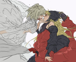  2girls black_dress blonde_hair blush breasts chimera claws closed_eyes dress dungeon_meshi ear_covers elf falin_touden falin_touden_(chimera) feathered_wings feathers green_eyes hand_on_another&#039;s_face highres holding_another&#039;s_wrist imminent_kiss large_breasts light_brown_hair long_hair long_sleeves marcille_donato marcille_donato_(lord) medium_hair monster_girl multiple_girls off-shoulder_dress off_shoulder parted_lips pointy_ears ruki32_32 simple_background white_background wings yuri 