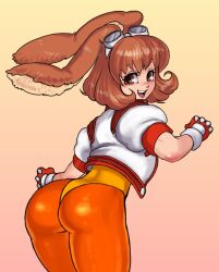  :d alternate_color animal_ears ass bob_cut brown_hair clenched_hand cowboy_shot gloves goggles goggles_on_head gradient_background happy jacket leotard looking_back makihara_arina open_clothes open_jacket open_mouth orange_pantyhose pantyhose rabbit_ears red_gloves short_hair skin_tight smile teeth thong_leotard tokisige upper_teeth_only waku_waku_7 white_jacket yellow_leotard 