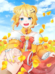 1girl :d aku_no_musume_(vocaloid) bad_id bad_pixiv_id blonde_hair blue_eyes blue_sky blurry blush bow capelet choker cloud collarbone colored_eyelashes depth_of_field dress dress_grab evillious_nendaiki flower frilled_sleeves frills hair_bow hair_flower hair_ornament hairclip hand_grab jewelry juliet_sleeves kagamine_rin kokura_(6131228) long_sleeves looking_at_viewer nail_polish open_mouth petals pov pov_hands puffy_sleeves riliane_lucifen_d&#039;autriche rose rose_petals sidelocks skirt_hold sky smile solo_focus sparkle vocaloid wide_sleeves yellow_dress yellow_flower yellow_nails yellow_rose rating:Sensitive score:1 user:danbooru