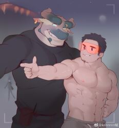  2boys abs armpit_hair armpit_hair_peek assault_visor bad_tag bara curled_horns dragon_(kn) dragon_boy dudou_(du_dou) earrings facial_hair finger_gun from_side furry furry_male goatee_stubble grin highres horn_piercing horns jewelry kn_(10112650) large_pectorals looking_ahead male_focus multiple_boys muscular muscular_male navel navel_hair nipples original outstretched_arm pectorals shirt single_earring sketch_background smile sparse_navel_hair standing stomach stubble thick_eyebrows tight_clothes tight_shirt topless_male viewfinder 