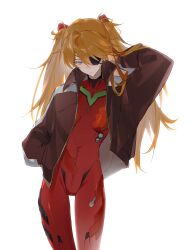  1girl absurdres blue_eyes bodysuit bodysuit_under_clothes brown_jacket chinese_commentary commentary_request cowboy_shot evangelion:_3.0_you_can_(not)_redo expressionless eyepatch hand_in_own_hair hand_in_pocket hand_up highres interface_headset jacket long_hair looking_to_the_side neon_genesis_evangelion one_eye_covered open_clothes open_jacket orange_hair pilot_suit plugsuit rebuild_of_evangelion red_bodysuit simple_background solo souryuu_asuka_langley standing tazuna_(shu) two_side_up white_background zipper 