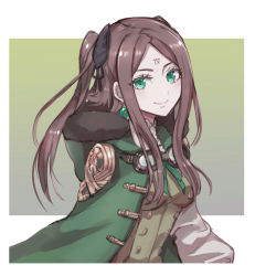  1girl 3ch_ brown_hair buttons commentary_request drag-on_dragoon drag-on_dragoon_3 facial_mark forehead_mark four_(drag-on_dragoon) fur_trim green_eyes green_jacket highres jacket long_hair miichinori roman_numeral smile solo two_side_up vest  rating:Sensitive score:2 user:danbooru