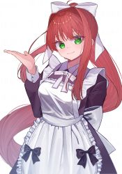  1girl absurdres apron arms_behind_back black_bow black_dress bow bowtie brown_hair closed_mouth commentary_request cowboy_shot doki_doki_literature_club dress green_eyes hair_bow highres long_hair long_sleeves maid maid_apron monika_(doki_doki_literature_club) neck_ribbon ponytail puffy_long_sleeves puffy_sleeves ribbon simple_background smile solo very_long_hair white_apron white_background white_bow white_bowtie white_ribbon yuyu_no_suke  rating:General score:13 user:danbooru