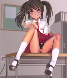  1girl anus aruman black_footwear black_hair black_panties blush censored classroom clothes_lift dark-skinned_female dark_skin desk female_focus flashing flat_chest frontal_wedgie heart heart_censor highres indoors lace lace-trimmed_panties lace_trim lifted_by_self lingerie loli looking_at_viewer mary_janes necktie on_desk orange_eyes original panties partially_visible_vulva plaid plaid_skirt pussy red_necktie red_skirt school_desk school_uniform shirt shoes short_sleeves sitting skirt skirt_lift smile socks solo spread_legs twintails underwear uniform upskirt wedgie white_shirt white_socks  rating:Explicit score:83 user:action_dynamics