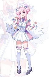  1girl absurdres alternate_costume alternate_hairstyle angel_wings black_footwear blue_archive blush breasts buttons crescent crescent_pin double_bun dress enmaided feathered_wings fingernails frilled_sleeves frilled_thighhighs frills hair_bun halo high_heels highres long_hair looking_at_viewer maid maid_headdress medium_breasts mika_(blue_archive) open_mouth pink_dress pink_hair pink_halo puffy_short_sleeves puffy_sleeves short_sleeves simple_background smile solo teeth thighhighs upper_teeth_only white_background white_dress white_thighhighs white_wings wings wrist_cuffs yellow_eyes yeogpu_(seung832222) zoom_layer 