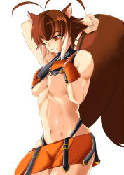  1girl abs animal_ears antenna_hair arc_system_works armpits bad_id bad_pixiv_id bare_shoulders blazblue blazblue:_continuum_shift blush breasts brown_hair buckle female_focus fingerless_gloves gloves halterneck halterneck kojou large_breasts makoto_nanaya miniskirt multicolored_hair muscular navel one_eye_closed orange_eyes orange_skirt red_eyes revealing_clothes short_hair side_slit skirt solo squirrel_ears squirrel_tail strapless sweat tail tube_top underboob undressing wink  rating:Questionable score:52 user:stitchpuller
