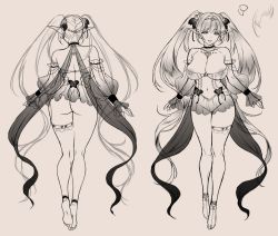 anklet ass barefoot breasts character_sheet choker cleavage concept_art dancer elf feet full_body jewelry kneepits lips miniskirt monochrome multiple_views navel pointy_ears see-through skirt smile soles standing thighs turnaround twintails usagi_nagomu rating:Questionable score:36 user:cheezeit