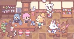 1boy 1girl analog_clock animal_crossing artist_name black_bow blathers_(animal_crossing) bow brewster_(animal_crossing) cash_register chair character_request clock coffee coffee_mug commentary cup dog_girl door facial_hair fauna_(animal_crossing) furry furry_female furry_male highres indoors isabelle_(animal_crossing) k.k._slider_(animal_crossing) looking_at_another mug mustache nintendo pink_hair sarah_dandh short_hair sitting standing stool table teapot villager_(animal_crossing) whitney_(animal_crossing) 