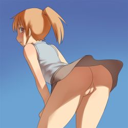 1girl aaaa_(quad-a) ass bad_id bad_pixiv_id blue_background blush bottomless brown_hair cleft_of_venus cowboy_shot looking_back no_panties original ponytail pussy simple_background skirt solo uncensored upskirt rating:Explicit score:203 user:danbooru