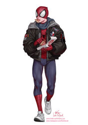  1boy animal_print artist_name black_jacket blue_bodysuit blue_scarf bodysuit food food_in_mouth holding holding_food holding_pizza hood hooded_bodysuit hooded_jacket in-hyuk_lee instagram_username jacket male_focus marvel mask_pull open_clothes open_jacket pepperoni peter_parker pizza pizza_hut print_bodysuit red_bodysuit red_mask scarf shoes signature sneakers solo spider-ham spider-man spider-man_(series) spider_print spider_web_print superhero_costume texas_flag top_gun two-tone_bodysuit unzipped white_footwear winter_clothes 