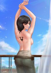  1girl absurdres arms_up back back_tattoo bandages bare_back bare_shoulders belt black_hair blue_pants blue_sky breasts cinder_fall closed_mouth commission commissioner_upload day eryx45 highres large_breasts looking_at_viewer looking_back naughty_face pants rwby sideboob sky smile smirk solo standing stretching tattoo topless yellow_eyes 