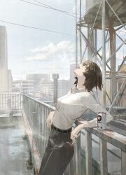  1girl :v absurdres against_railing beer_can belt black_belt black_hair black_pants blue_sky brown_hair building can city cityscape collared_shirt commentary_request day drink_can formal guard_rail highres leaning_back looking_at_viewer matsuura_kento neck office_lady original outdoors pant_suit pants railing rooftop shirt shirt_tucked_in sky smoking solo suit tobacco water_tank water_tower white_shirt 