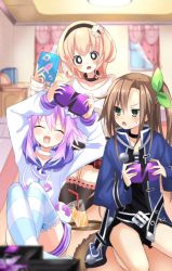 annoyed breasts brown_hair choker choujigen_game_neptune_re;birth_1 coat compa controller dress friends game_controller green_eyes hair_ornament hairband hairclip happy highres hood hoodie if_(neptunia) jumper knees long_hair moya_44444 neptune_(neptunia) neptune_(series) open_mouth orange_hair parka ponytail purple_hair ribbon rug short_hair side_tail small_breasts surprised sweater thighs trench_coat