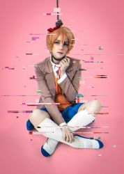  1girl blue_eyes bow cosplay doki_doki_literature_club full_body grey_jacket hair_between_eyes hair_bow heart heart_of_string highres jacket lana_rain noose open_clothes open_jacket photo_(medium) pink_background pink_hair red_bow sayori_(doki_doki_literature_club) sayori_(doki_doki_literature_club)_(cosplay) school_uniform simple_background solo  rating:Questionable score:13 user:souleater978