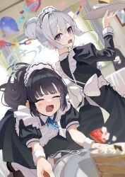  2girls absurdres alternate_costume apron balloon black_dress black_hair blue_archive blue_halo blush cake cake_slice closed_eyes dress enmaided fang food fork frilled_apron frills fruit grey_halo halo highres indoors juliet_sleeves long_hair long_sleeves maid maid_apron maid_headdress miyako_(blue_archive) miyu_(blue_archive) multiple_girls ood2 open_mouth puffy_short_sleeves puffy_sleeves purple_eyes short_sleeves skin_fang strawberry tears tray white_apron white_hair wrist_cuffs 