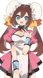  1girl blue_eyes blush_stickers bow breasts brown_hair chinese_clothes cleavage cleavage_cutout clothing_cutout creatures_(company) double_bun dress earrings game_freak hair_bow hair_bun heart highres jewelry kawasaki_(kwsk_8765) long_hair looking_down maid medium_breasts nintendo pink_dress pokemon pokemon_bw2 rosa_(pokemon) simple_background solo twitter_username white_background yellow_bow 