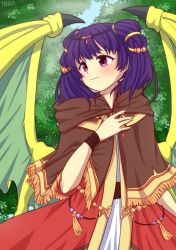  1girl absurdres bead_necklace beads blue_sky bracelet brown_capelet brown_coat capelet circlet closed_mouth coat dragon_girl dragon_wings dress female_focus fire_emblem fire_emblem:_the_sacred_stones fire_emblem_heroes foliage forest fringe_trim gold_trim green_wings hair_ornament hair_tie hand_on_own_chest hand_up highres hood jewelry light_smile long_hair looking_away multi-tied_hair multicolored_clothes multicolored_coat myrrh_(fire_emblem) nature necklace nintendo official_alternate_costume pale_skin purple_hair red_coat red_eyes signature sky smile solo takawo_wood tree twintails upper_body white_dress wings wristband yellow_wings 