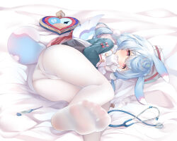  1girl absurdres animal_ears asahi_momo ass bed_sheet blue_hair blush cameltoe dress embarrassed female_focus genshin_impact gloves hat highres loli long_hair looking_at_viewer low_twintails lying melusine_(genshin_impact) on_bed on_side panties panties_under_pantyhose pantyhose red_eyes short_dress short_tail sigewinne_(genshin_impact) soles solo tail twintails underwear white_hat  rating:Sensitive score:171 user:armorcrystal