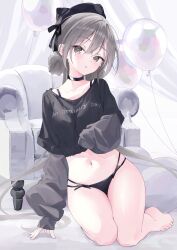  1girl absurdres balloon barefoot black_choker black_hat black_panties black_shirt blush bra_strap breasts chair choker collarbone commentary_request english_text full_body grey_eyes hat highres inubouzaki_(i_nu1515) jacket jacket_partially_removed kneeling light_brown_hair long_hair looking_at_viewer low_twintails medium_breasts midriff mixed-language_commentary navel on_floor original panties parted_lips print_shirt shirt solo t-shirt thighs twintails underwear very_long_hair 
