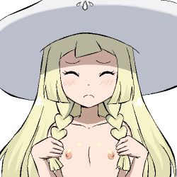 1girl blunt_bangs blush braid breasts closed_eyes collarbone creatures_(company) embarrassed flat_chest game_freak gomatarou_(pixiv196136) hat holding holding_own_hair jaggy_lines lillie_(pokemon) loli lowres nintendo nipples oekaki pokemon pokemon_(anime) pokemon_sm simple_background solo twin_braids white_background white_hat rating:Questionable score:156 user:Perv-Ultra
