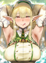  1girl armpits arms_behind_head arms_up blonde_hair blush braid breasts closed_mouth covered_erect_nipples earrings elf female_focus hero_neisan jewelry large_breasts licking_lips long_hair looking_at_viewer mole mole_under_mouth naughty_face nipples original pointy_ears red_eyes seductive_smile smell smile solo steaming_body tongue tongue_out upper_body  rating:Questionable score:319 user:opaque