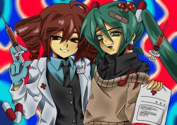  2girls 401-chan @_@ abstract_background absurdres ahoge alternate_costume bags_under_eyes bandaid bandaid_hair_ornament black_necktie black_shirt black_vest blue_background blue_shirt brown_sweater coat collared_shirt drill_hair drooling food-themed_hair_ornament gloves green_eyes green_hair grin hair_ornament hatsune_miku highres holding holding_paper holding_syringe igaku_(utau) kasane_teto lab_coat latex latex_gloves long_hair long_sleeves looking_at_viewer magical_doctor_(vocaloid) medium_hair multicolored_background multiple_girls mushroom_hair_ornament necktie off-shoulder_sweater off_shoulder open_clothes open_coat paper pill_hair_ornament raised_eyebrow red_background red_eyes red_hair sharp_teeth shirt side-by-side smile songover sweater syringe teeth trait_connection twin_drills twintails uneven_eyes upper_body utau vest vocaloid 