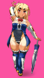  1girl arm_up armpits bare_shoulders beatmania beatmania_iidx blonde_hair blush braid breasts cleavage covered_erect_nipples covered_navel eyebrows full_body highres large_breasts long_hair looking_at_viewer medium_breasts plump race_queen red_eyes shoes simple_background smile solo standing tan tanline thick_eyebrows thick_thighs thighs tongue tongue_out ui_(fuugetsuin) wide_hips xiatian_(beatmania_iidx)  rating:Questionable score:40 user:unnms
