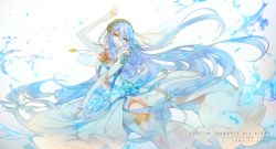  1girl azura_(fire_emblem) blue_hair dancing detached_sleeves dress fingerless_gloves fire_emblem fire_emblem_fates gloves green_eyes highres jewelry long_hair looking_at_viewer lulu_season luluseason necklace nintendo parted_lips solo thighhighs veil very_long_hair water white_dress white_gloves white_thighhighs 
