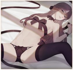  1girl bad_id bad_pixiv_id bare_arms bare_shoulders bed_sheet blush border bow bow_choker bow_panties braid breasts breasts_apart brown_choker brown_ribbon brown_thighhighs choker cleft_of_venus closed_mouth collarbone commentary eyelashes fingernails french_braid from_above groin hair_ribbon half-closed_eyes highres hwayoung indoors jewelry long_fingernails long_hair looking_at_viewer lying mole mole_on_breast nail_polish navel on_back on_bed original panties pink_nails ribbon ring see-through small_breasts solo sparkle spread_legs stomach thighhighs underboob underwear underwear_only wedding_band white_border wristband 