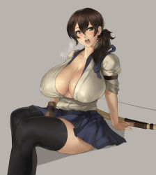 10s 1girl black_thighhighs blush bow_(weapon) breasts brown_eyes brown_gloves brown_hair covered_erect_nipples eu03 gigantic_breasts gloves grey_background hair_between_eyes heavy_breathing highres huge_breasts japanese_clothes kaga_(kancolle) kantai_collection long_hair no_bra open_mouth sagging_breasts side_ponytail simple_background sitting skirt solo thighhighs weapon rating:Questionable score:88 user:danbooru