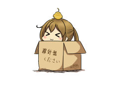  &gt;_&lt; 10s 1girl :&lt; :3 absurdres ahoge animal animal_on_head bird blush box brown_hair cardboard_box chick chick_on_head closed_eyes fairy_(kancolle) hair_between_eyes hatsuzuki_527 highres hiyoko_(kancolle) in_box in_container kantai_collection on_head ponytail rashinban_musume signature simple_background solo translated twitter_username white_background 