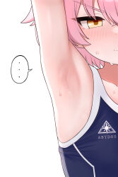  ... 1girl absurdres armpits bare_arms bare_shoulders black_leotard blue_archive blush closed_mouth collarbone flat_chest hair_between_eyes highres hoshino_(blue_archive) hoshino_(young)_(blue_archive) leotard pink_hair saho_4545 short_hair simple_background solo spoken_ellipsis sweat upper_body white_background yellow_eyes  rating:Sensitive score:38 user:danbooru