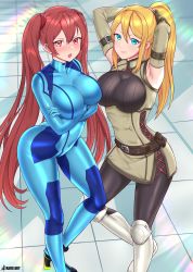  2girls absurdres adjusting_hair alternate_breast_size alternate_costume armpits arms_up artist_name ass belt belt_buckle blonde_hair blue_eyes blush bodysuit breasts buckle closed_mouth commentary commission cosplay costume_switch covered_navel crossed_arms crossover detached_sleeves english_commentary fingerless_gloves fire_emblem fire_emblem_awakening gloves hair_between_eyes highres kaos_art large_breasts long_hair looking_at_viewer metroid mole mole_under_mouth multiple_girls nintendo open_mouth outdoors ponytail red_eyes red_hair samus_aran samus_aran_(cosplay) severa_(fire_emblem) severa_(fire_emblem)_(cosplay) skin_tight sleeveless smile twintails zero_suit  rating:Sensitive score:106 user:danbooru