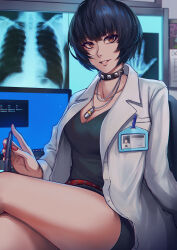  1girl absurdres belt black_choker black_dress black_hair blueriest breasts brown_eyes chair choker cleavage collarbone crossed_legs doctor dress highres holding holding_pen id_card jewelry lab_coat light_particles looking_at_viewer medium_breasts monitor office parted_lips pen pendant persona persona_5 red_belt red_nails short_dress short_hair sitting solo studded_choker takemi_tae thighs x-ray_film 