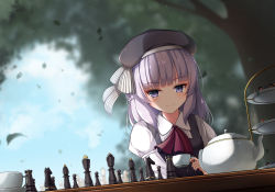 1girl ascot black_hat blurry blurry_background board_game chess cup day grey_hair hat highres holding holding_cup long_sleeves outdoors puffy_long_sleeves puffy_sleeves purple_eyes sakayanagi_arisu solo tea teacup teapot tiered_tray ylpz_23 youkoso_jitsuryoku_shijou_shugi_no_kyoushitsu_e rating:General score:7 user:danbooru