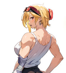  2girls bandaged_arm bandages blonde_hair blush breasts earrings hand_on_another&#039;s_arm hand_on_own_hip highres hololive hololive_indonesia jewelry kaela_kovalskia kureiji_ollie large_breasts looking_at_viewer looking_back medium_hair meme multiple_girls muscular muscular_female open_mouth popo_(popo0cat) pov_cheek_grabbing_(meme) red-tinted_eyewear red_eyes simple_background tank_top tinted_eyewear virtual_youtuber white_background 